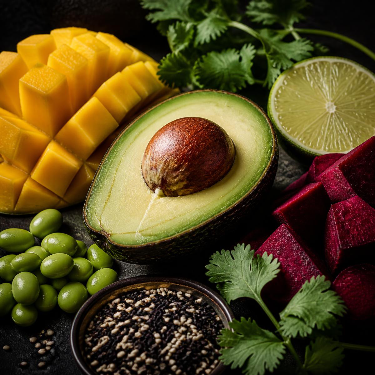 Fresh mango, avocado, lime and edamame