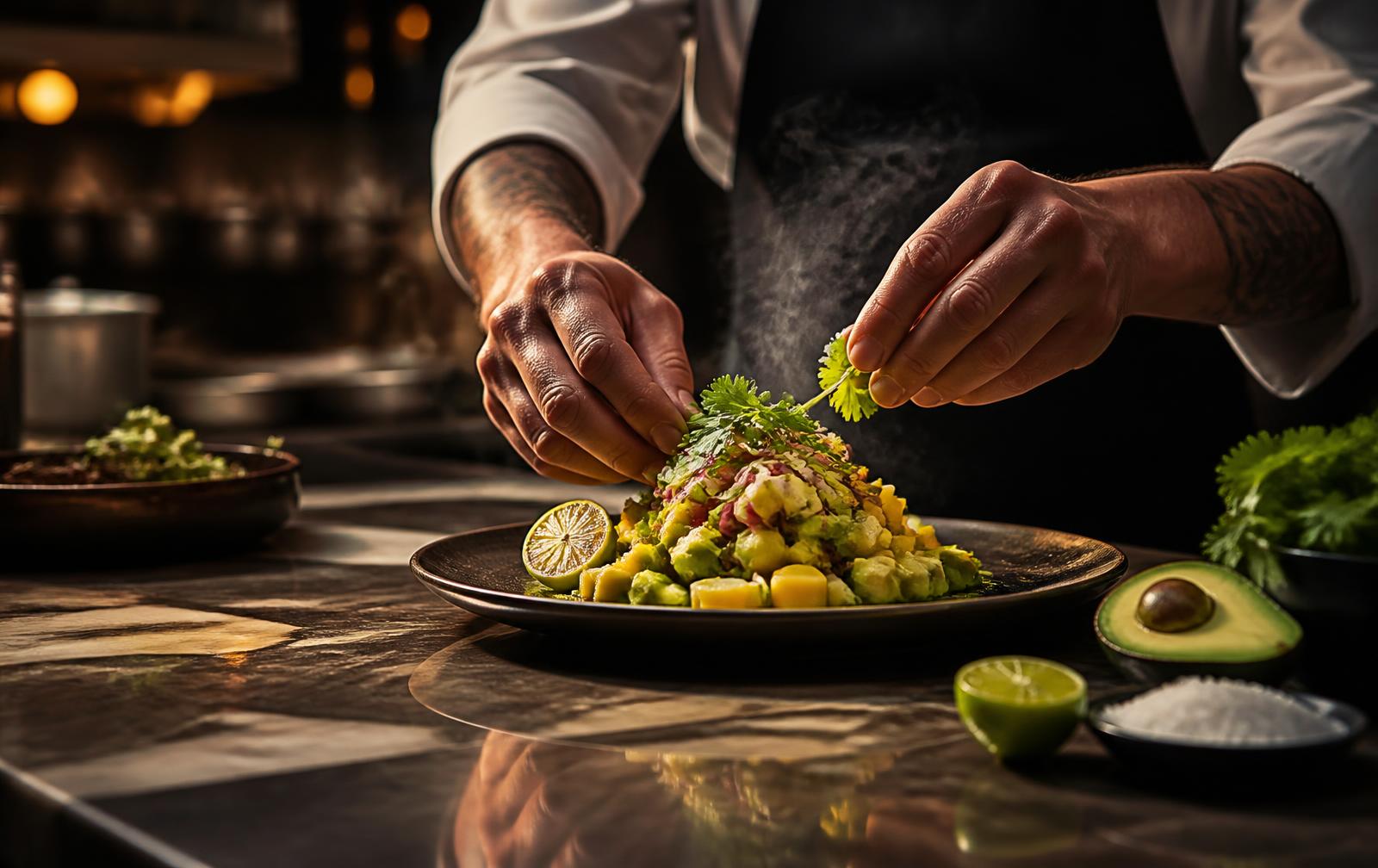 Chef finishing a dish with fresh coriander