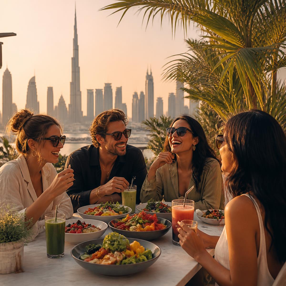 Friends sharing bowls on a Dubai terrace at golden hour